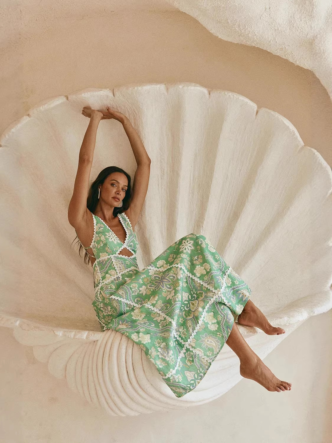 Green Floral Sleeveless A-Line Maxi Dress with Lace Trim