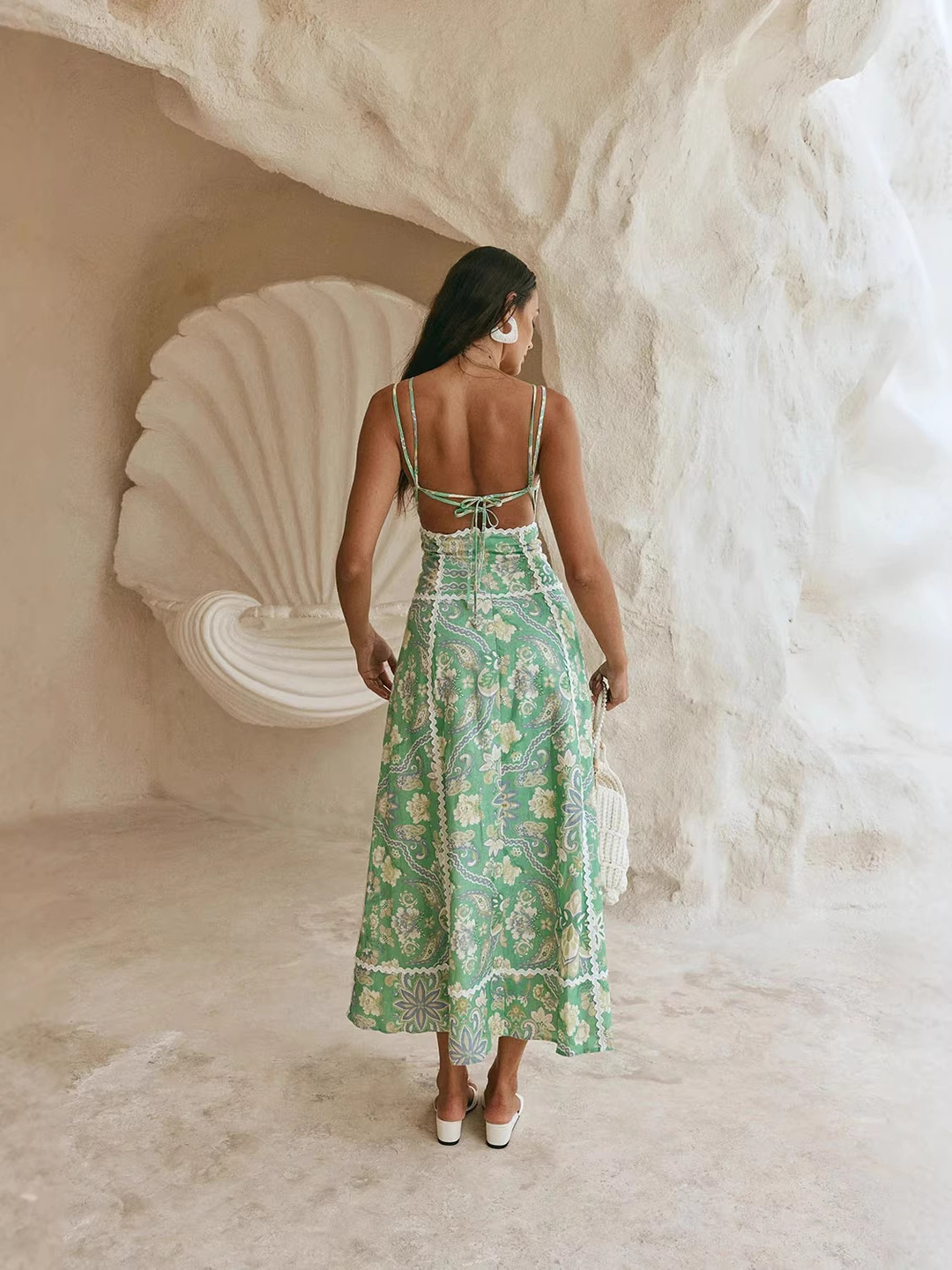 Green Floral Sleeveless A-Line Maxi Dress with Lace Trim