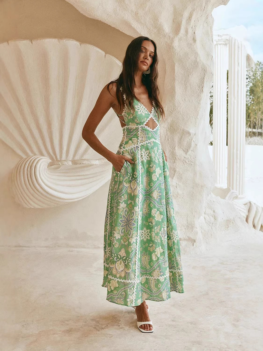 Green Floral Sleeveless A-Line Maxi Dress with Lace Trim