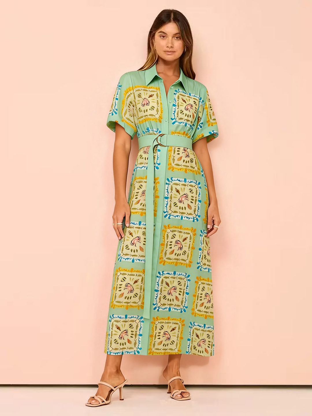 Green Printed Maxi Shirt Dress with Belt