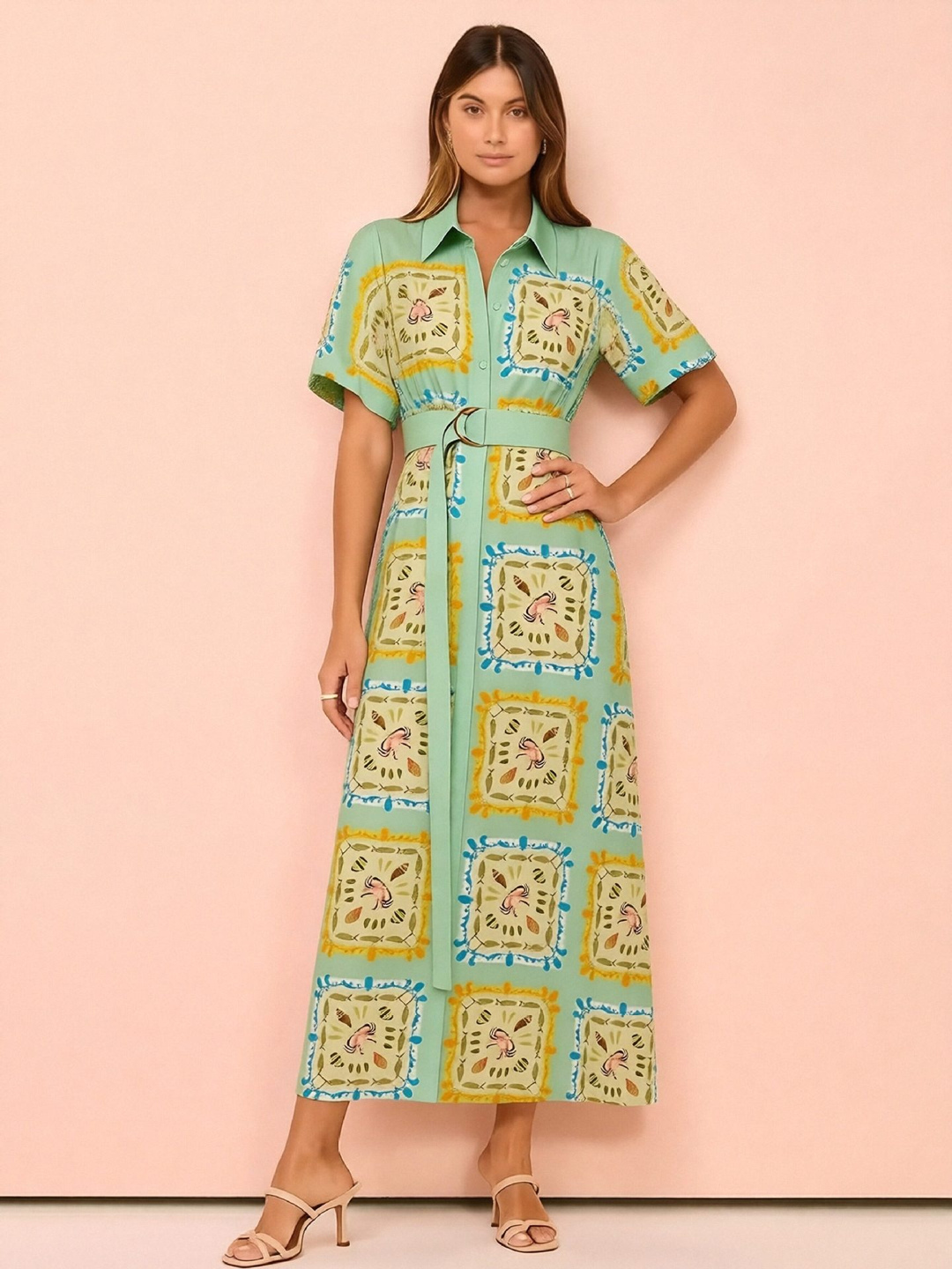 Green Printed Maxi Shirt Dress with Belt