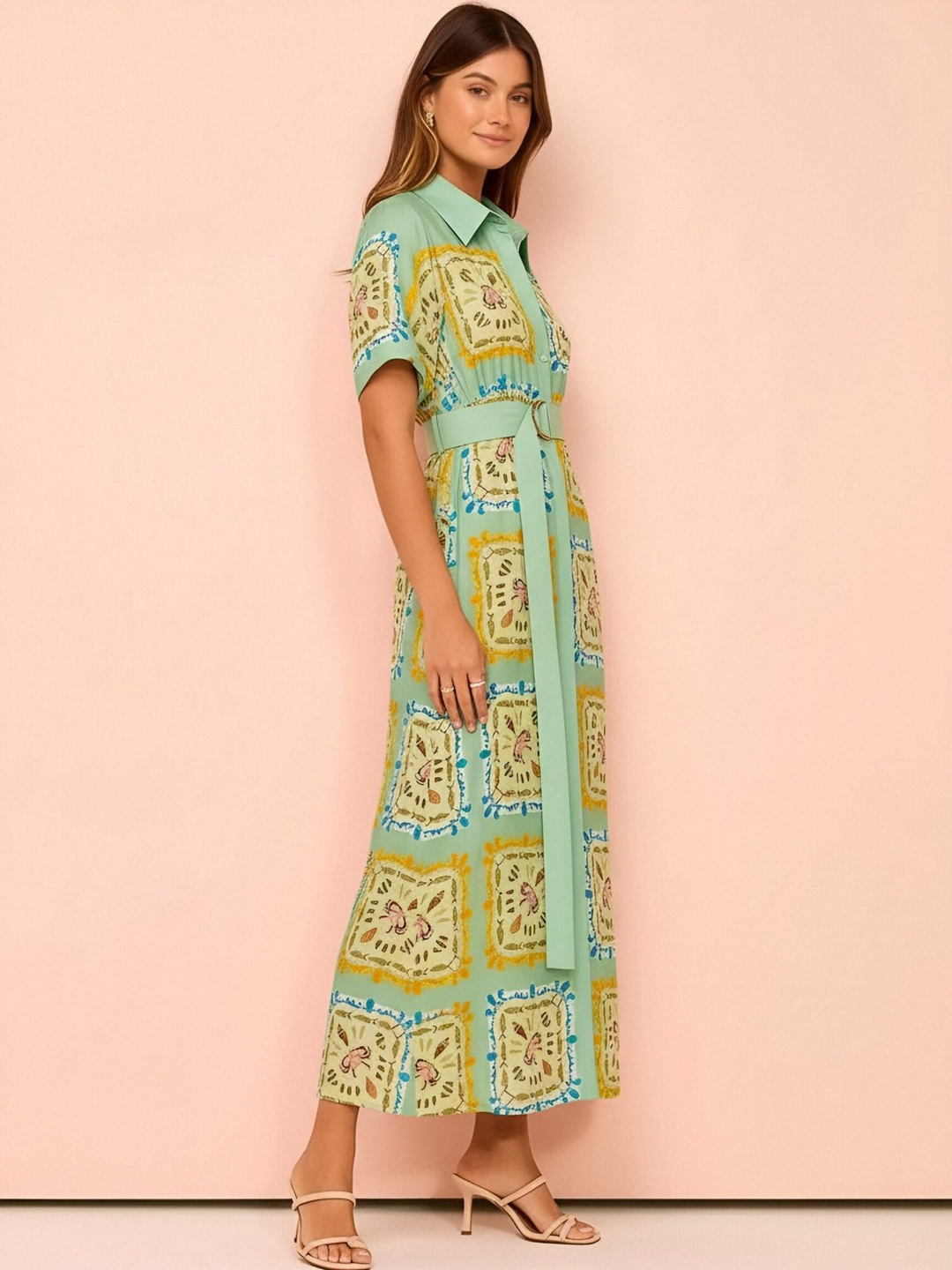 Green Printed Maxi Shirt Dress with Belt