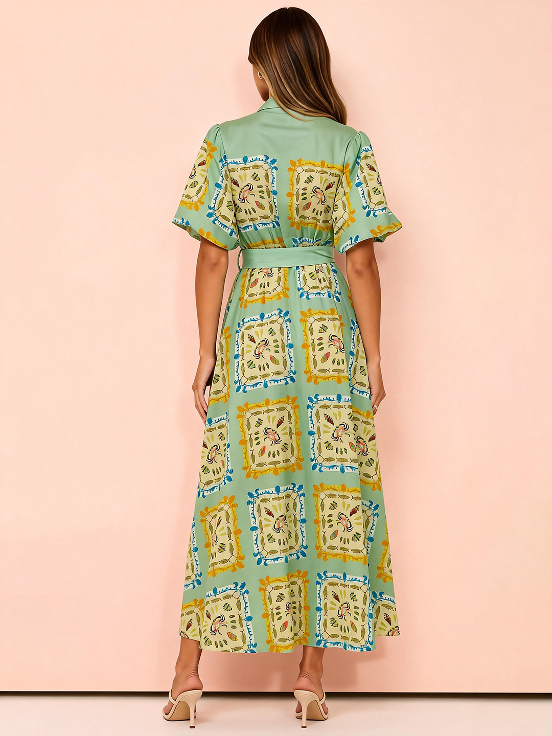Green Printed Maxi Shirt Dress with Belt