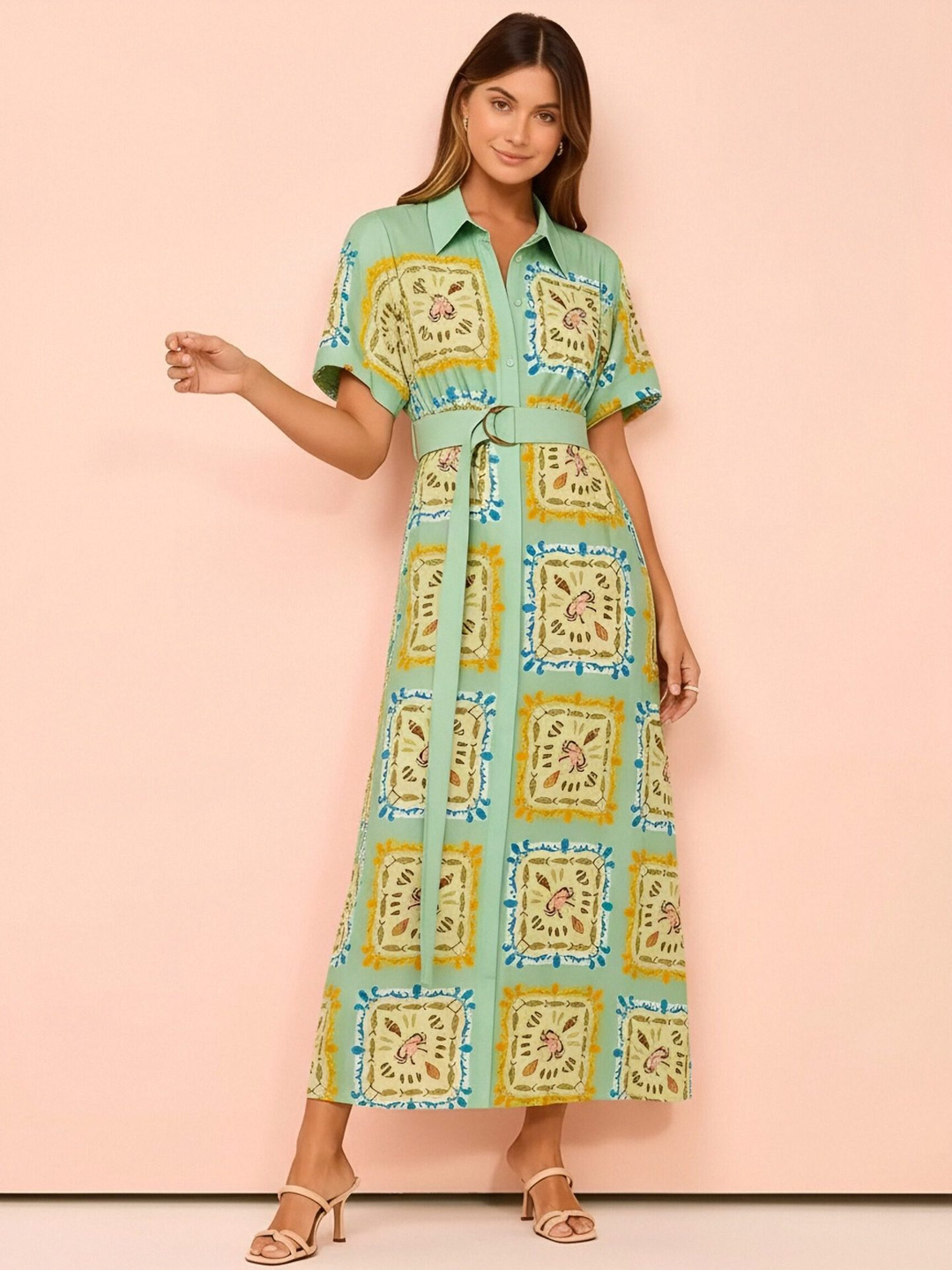 Green Printed Maxi Shirt Dress with Belt