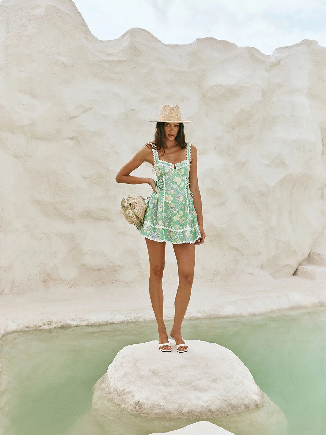 Green Floral Fit and Flare Mini Dress with Lace Trim