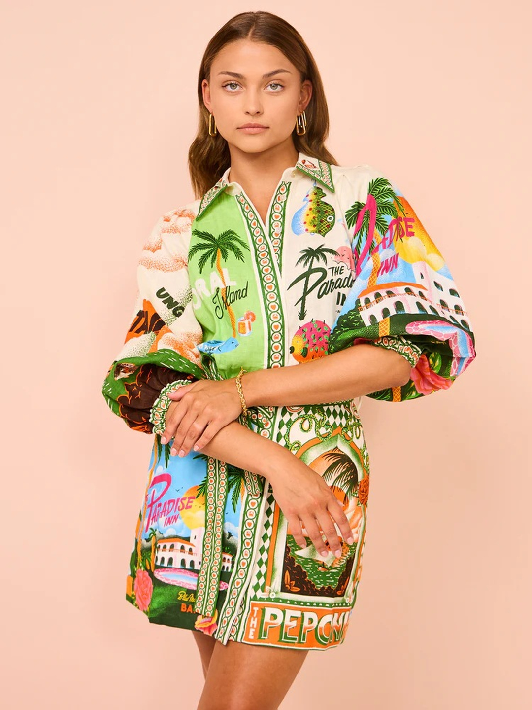 Tropical Print Mini Shirt Dress with Tie Waist
