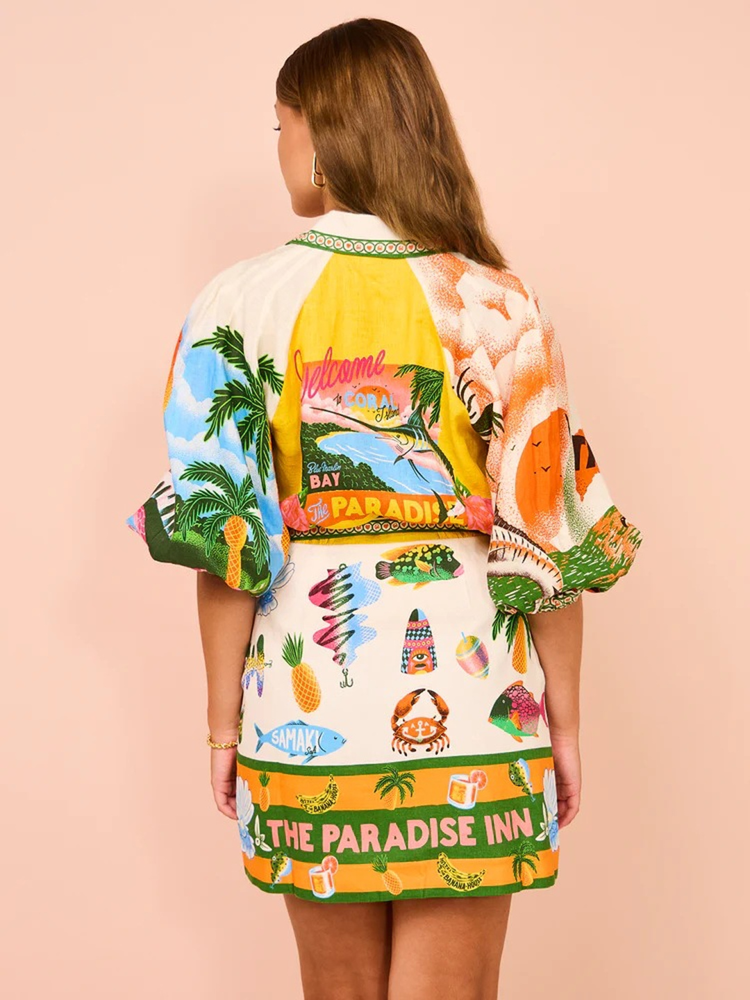 Tropical Print Mini Shirt Dress with Tie Waist