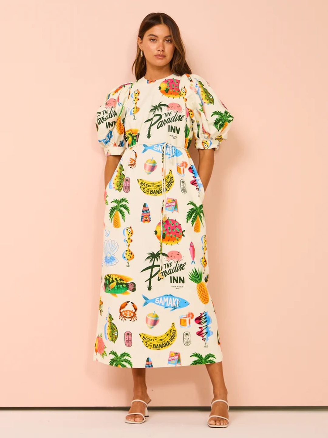 White Tropical Print A-Line Midi Dress with Puff Sleeves