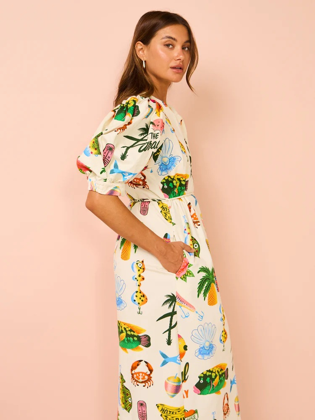 White Tropical Print A-Line Midi Dress with Puff Sleeves