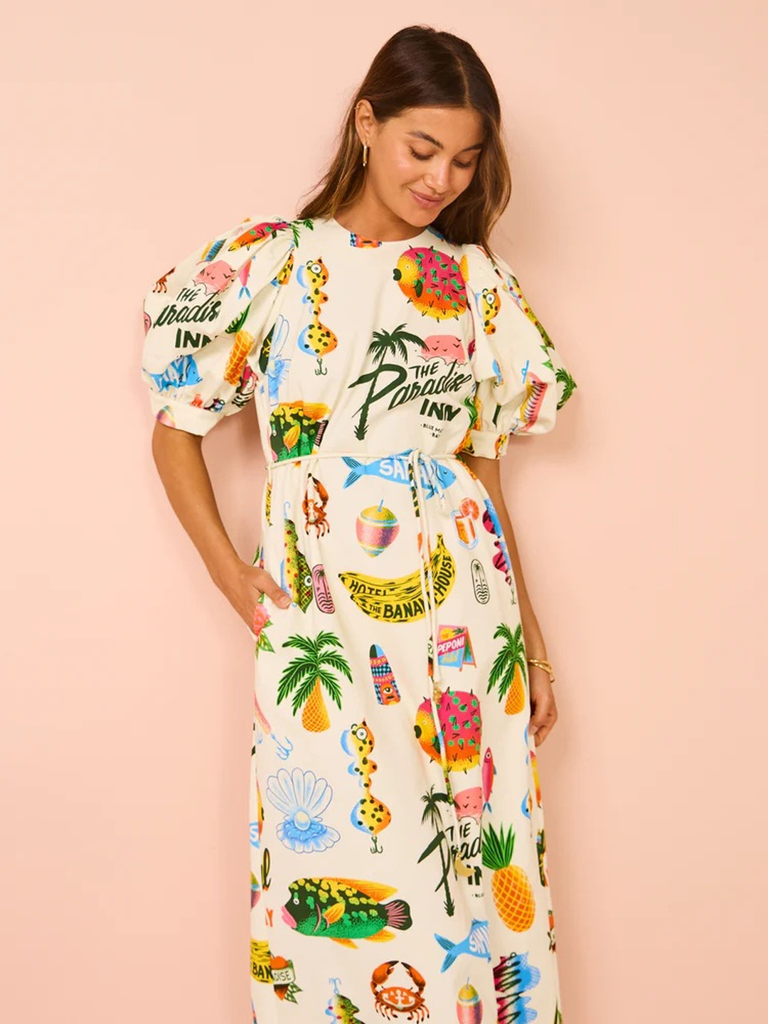 White Tropical Print A-Line Midi Dress with Puff Sleeves
