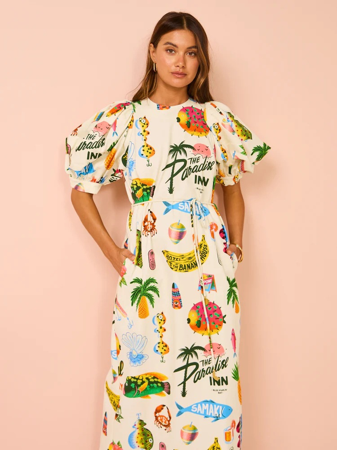 White Tropical Print A-Line Midi Dress with Puff Sleeves