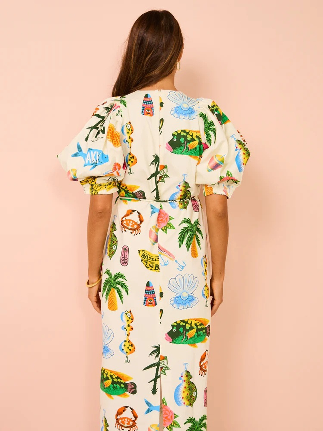 White Tropical Print A-Line Midi Dress with Puff Sleeves