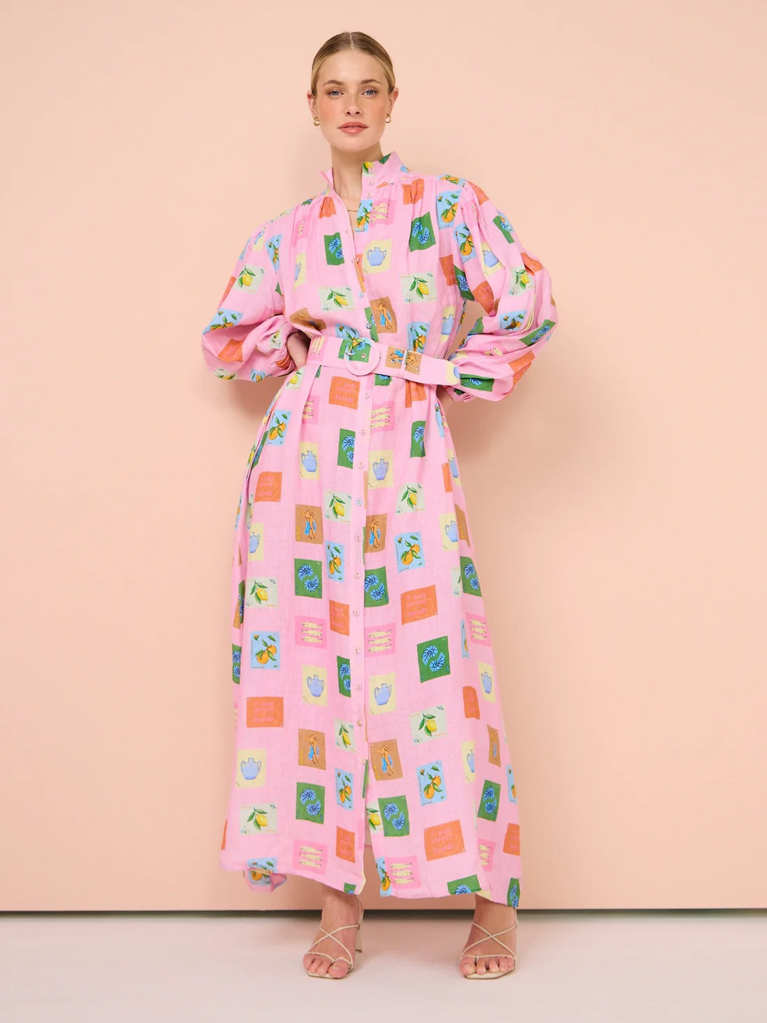 Light Pink Conversational Print Maxi Shirt Dress