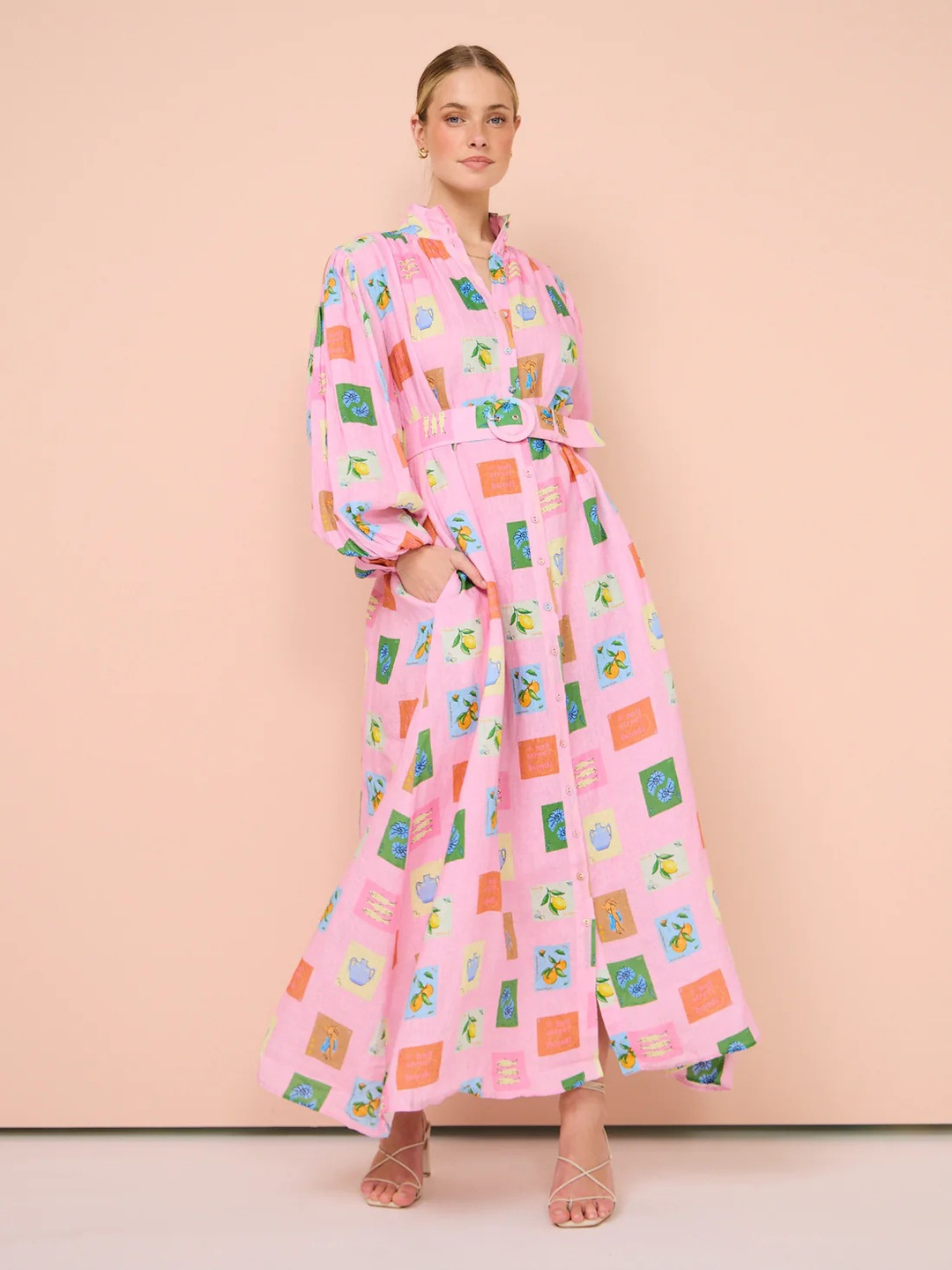 Light Pink Conversational Print Maxi Shirt Dress