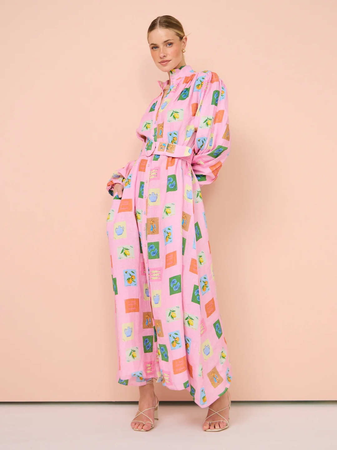 Light Pink Conversational Print Maxi Shirt Dress