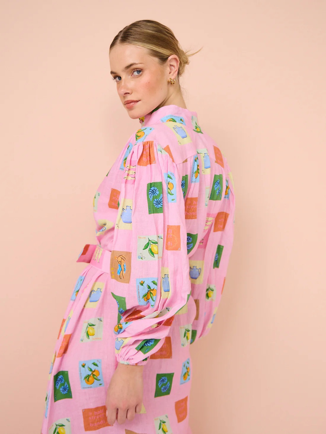 Light Pink Conversational Print Maxi Shirt Dress