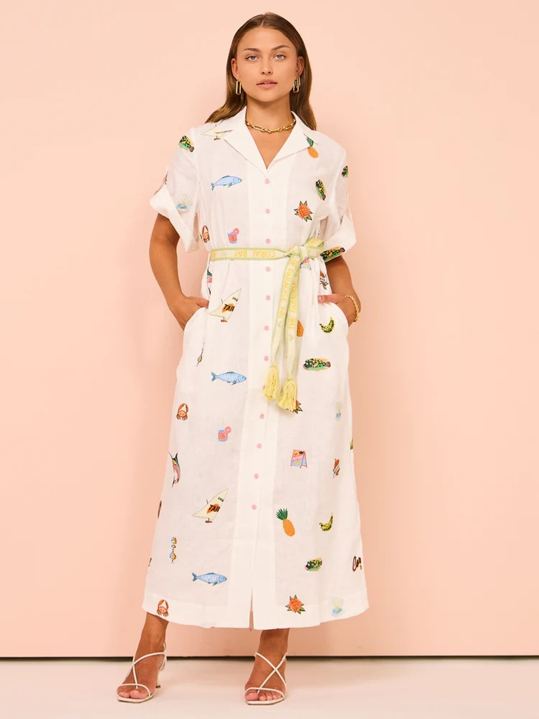 White Embroidered Maxi Shirt Dress with Short Sleeves