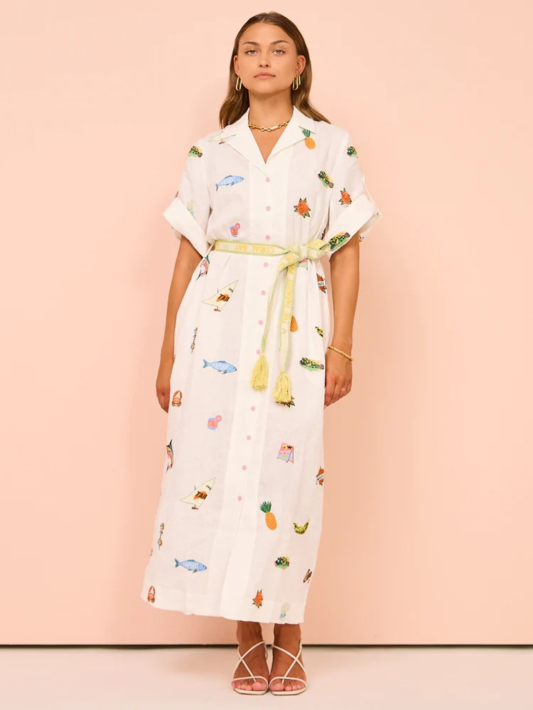 White Embroidered Maxi Shirt Dress with Short Sleeves