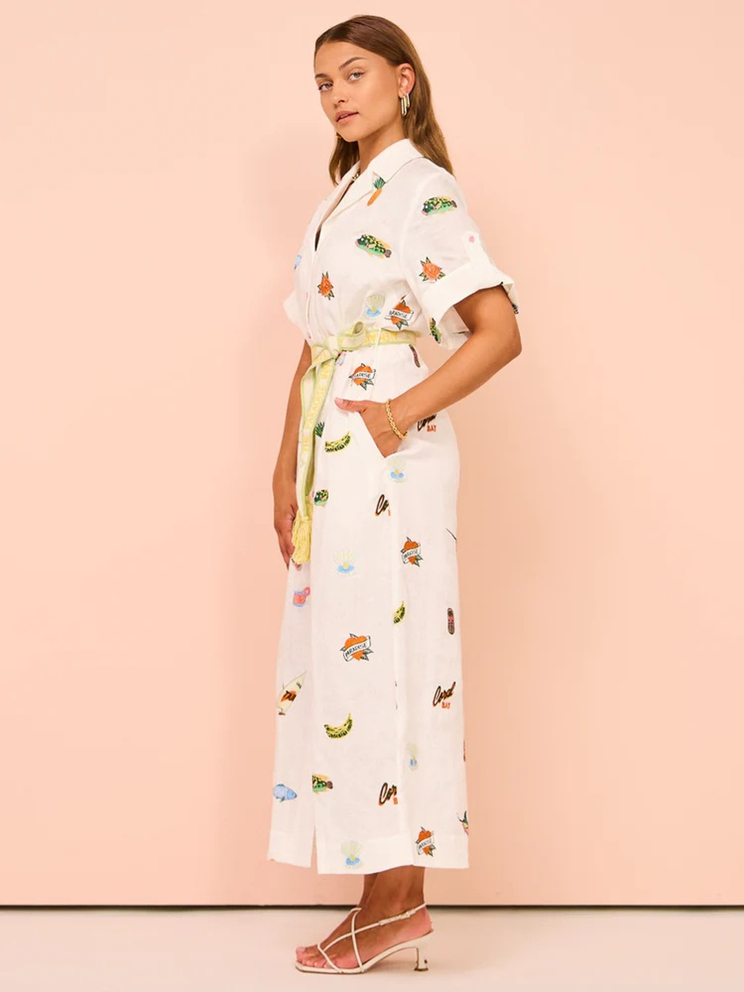 White Embroidered Maxi Shirt Dress with Short Sleeves