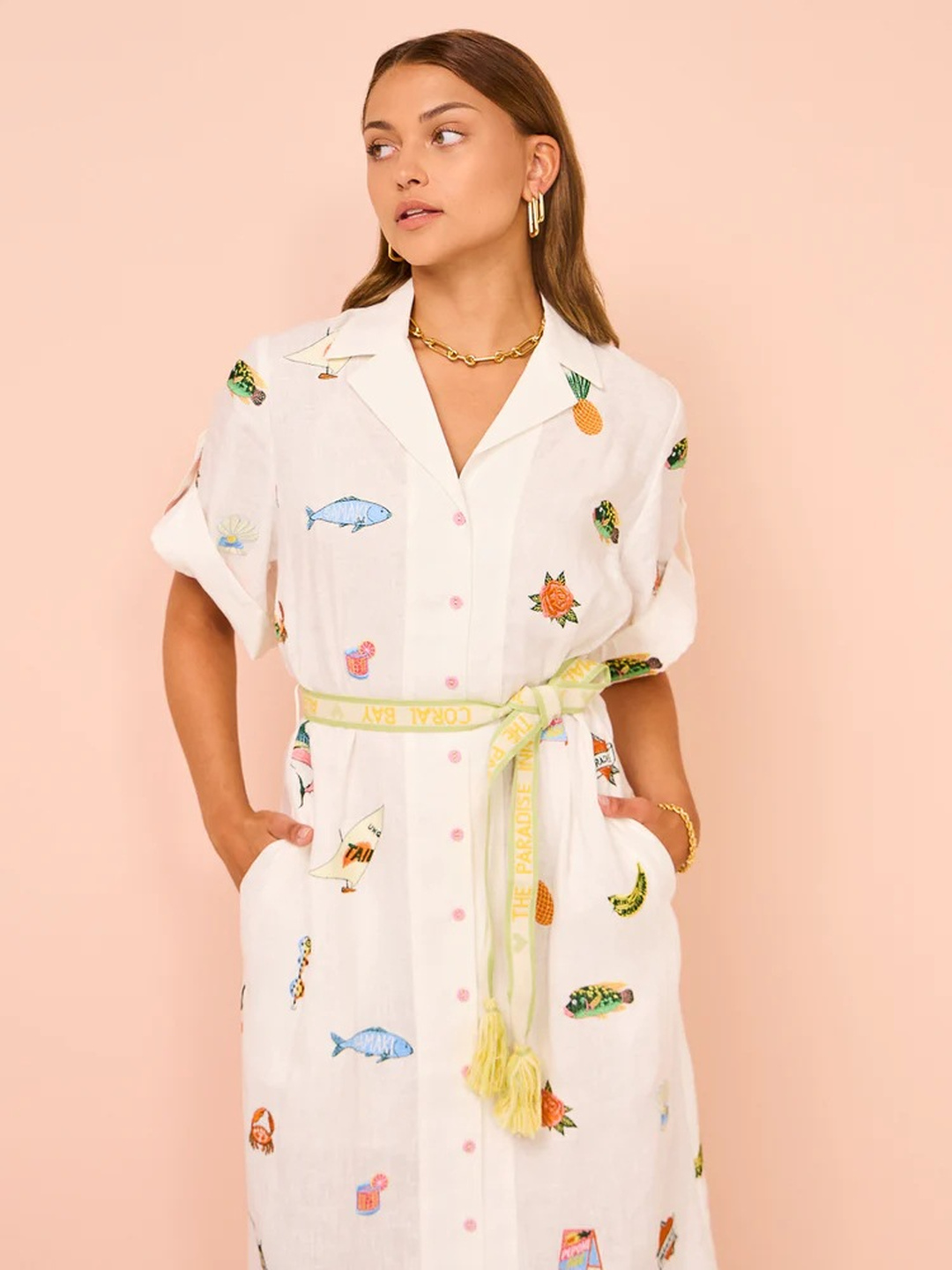 White Embroidered Maxi Shirt Dress with Short Sleeves