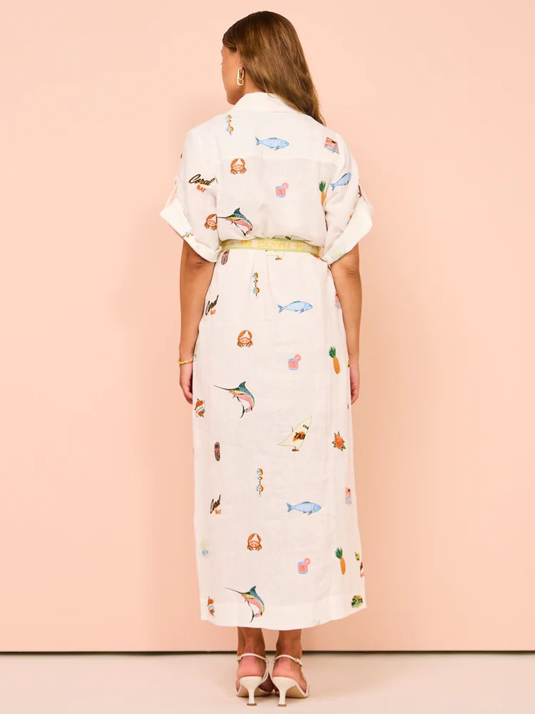 White Embroidered Maxi Shirt Dress with Short Sleeves