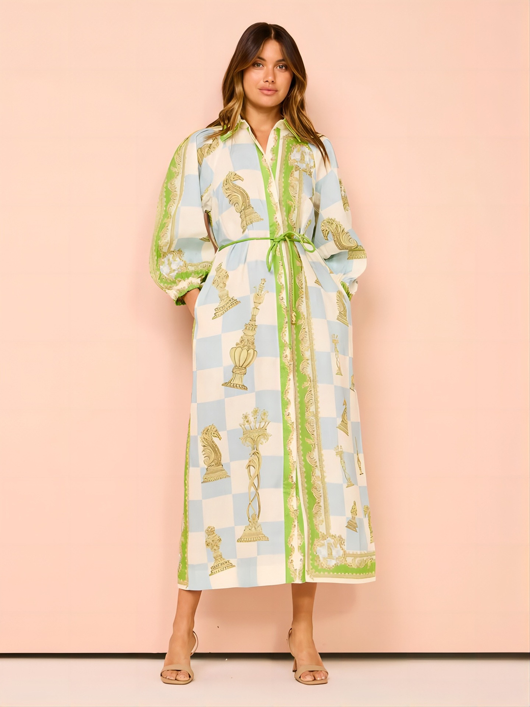 Green and Blue Maxi Shirt Dress with Scarf Print