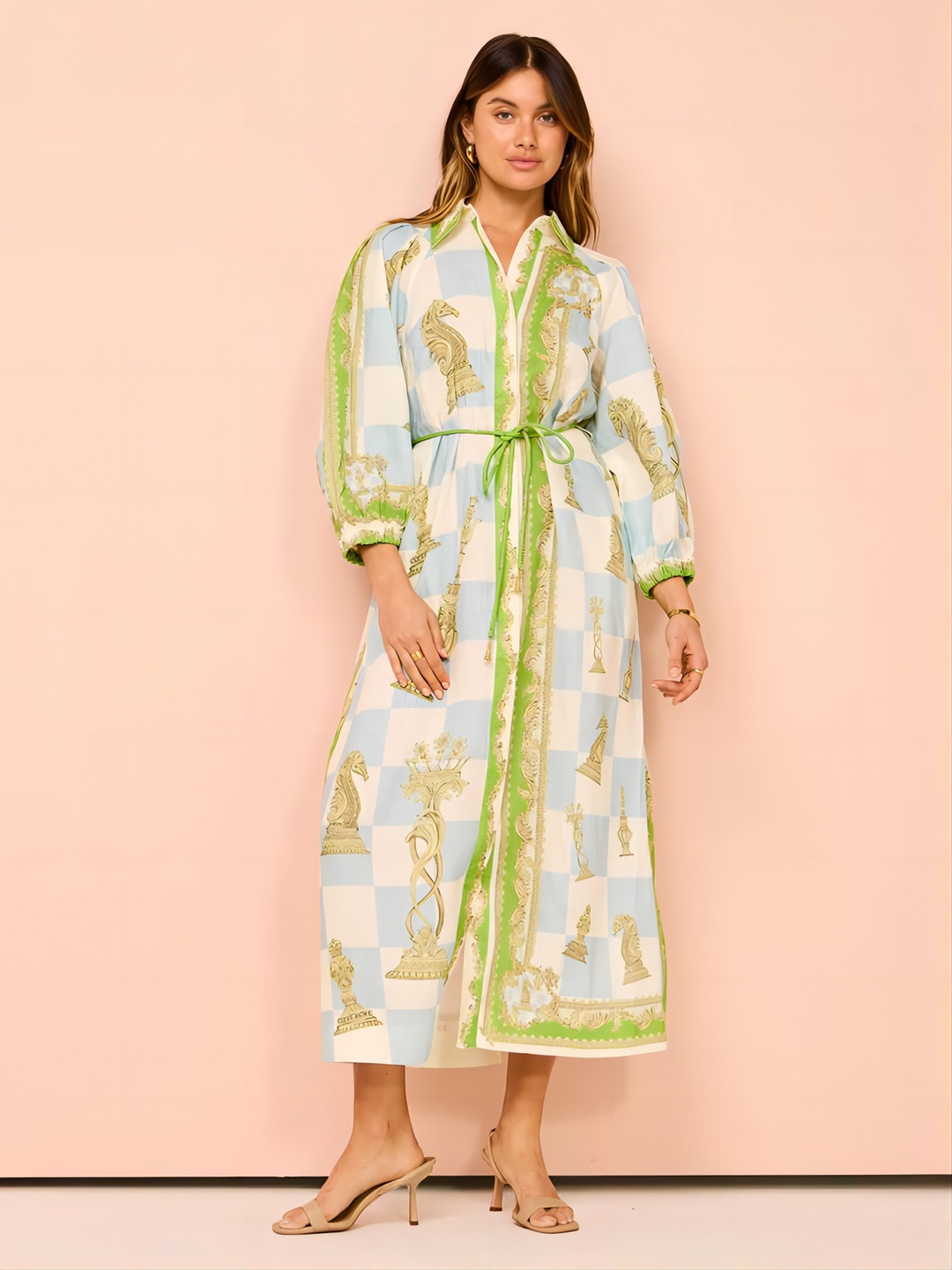 Green and Blue Maxi Shirt Dress with Scarf Print
