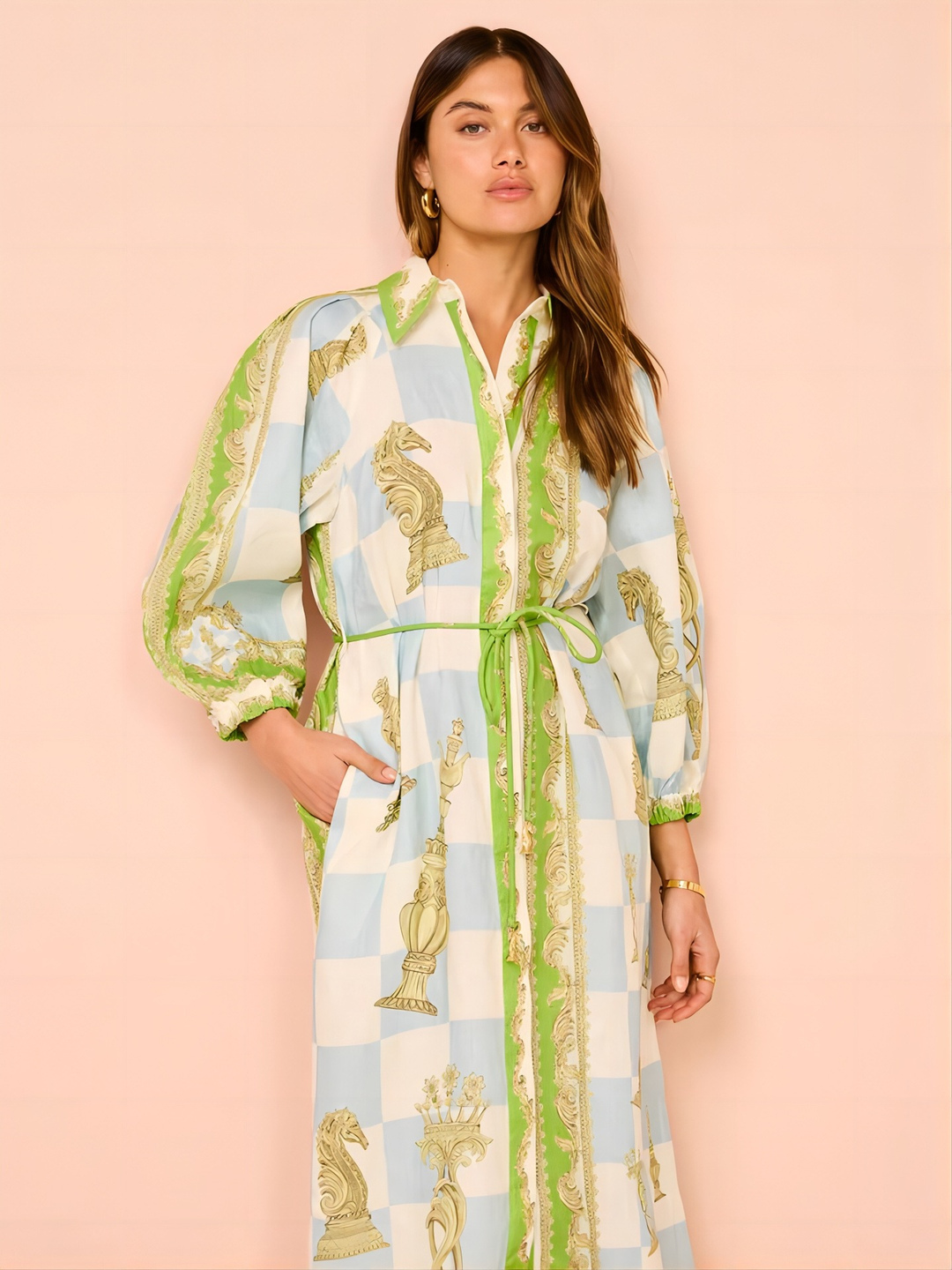 Green and Blue Maxi Shirt Dress with Scarf Print