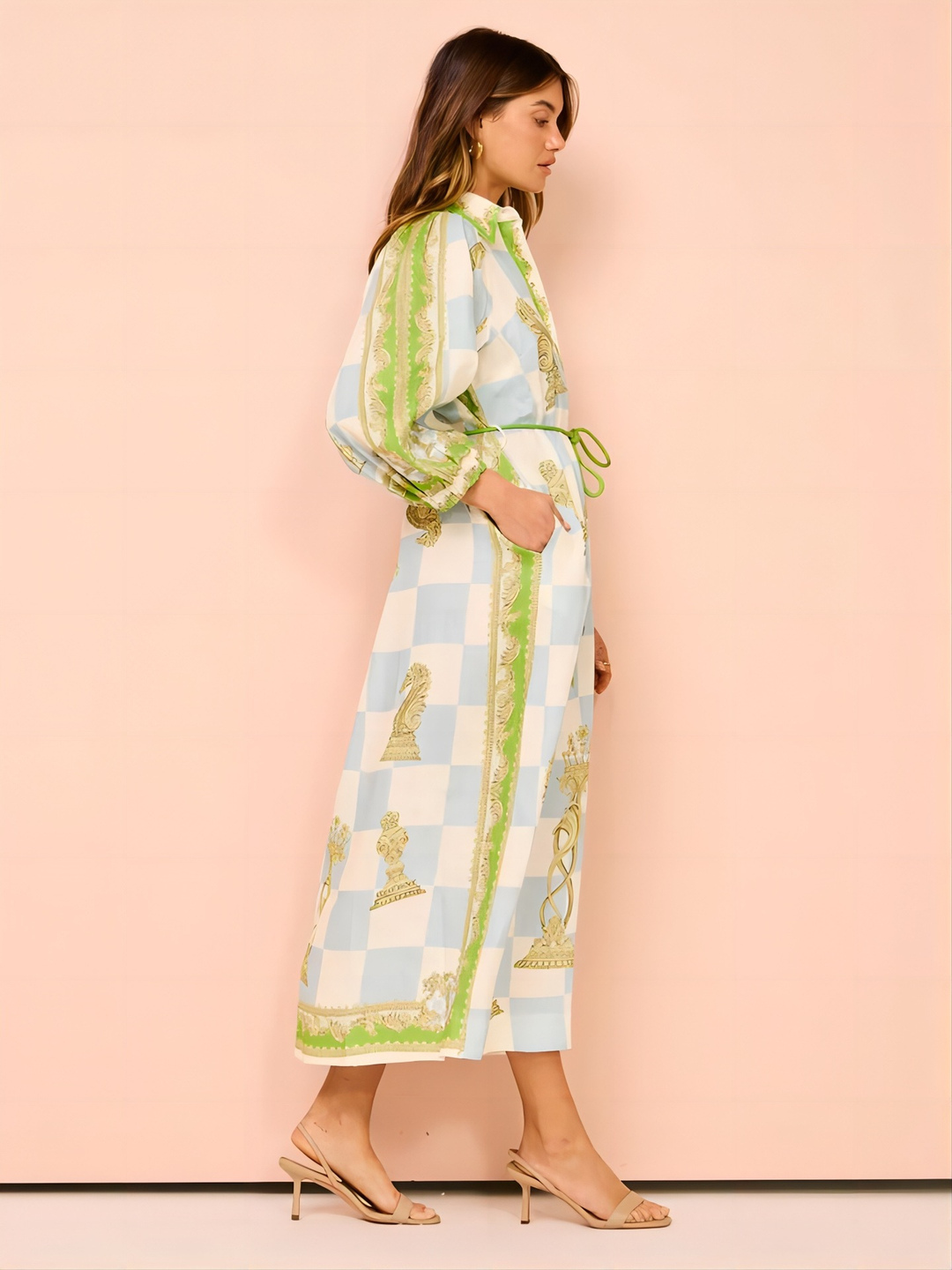 Green and Blue Maxi Shirt Dress with Scarf Print