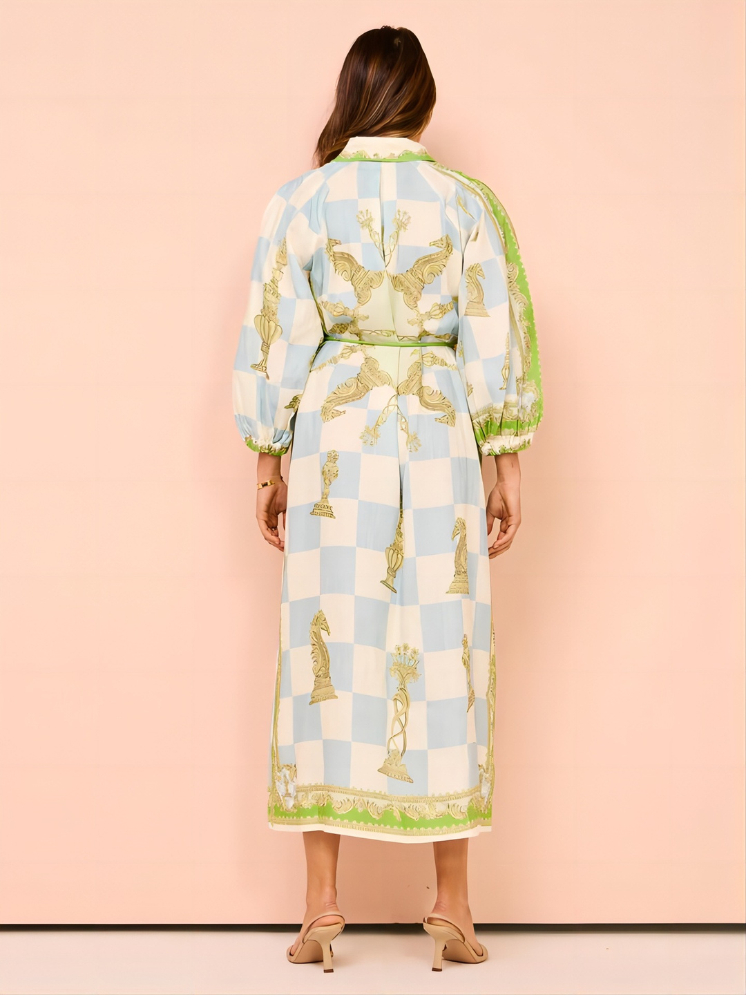 Green and Blue Maxi Shirt Dress with Scarf Print