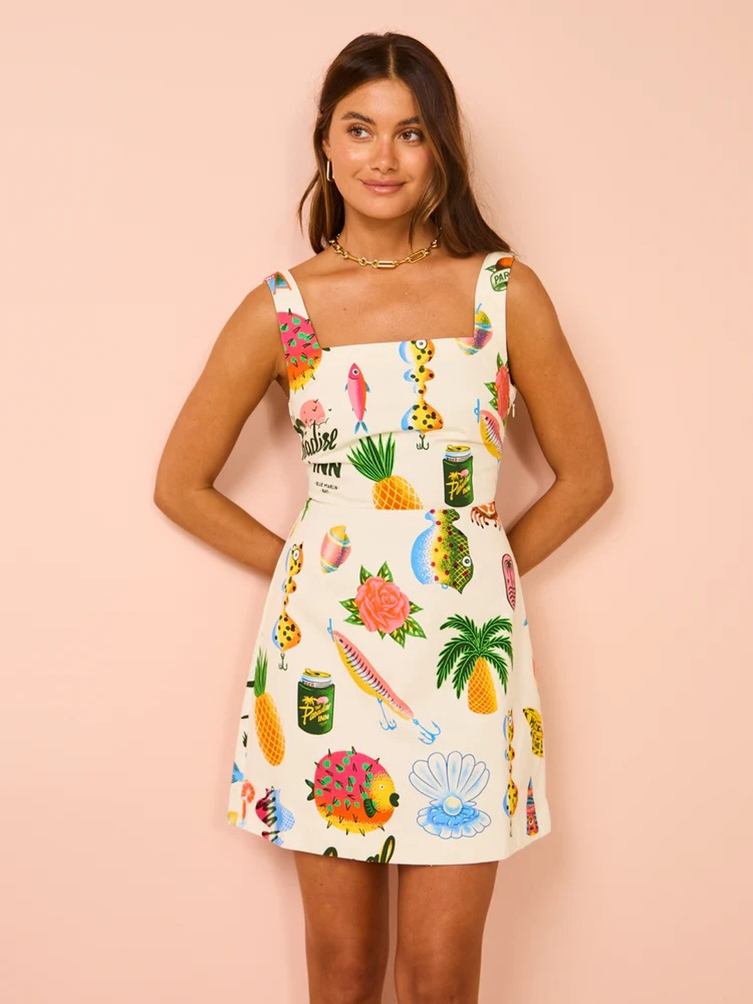 Beige Conversational Print A-Line Mini Dress