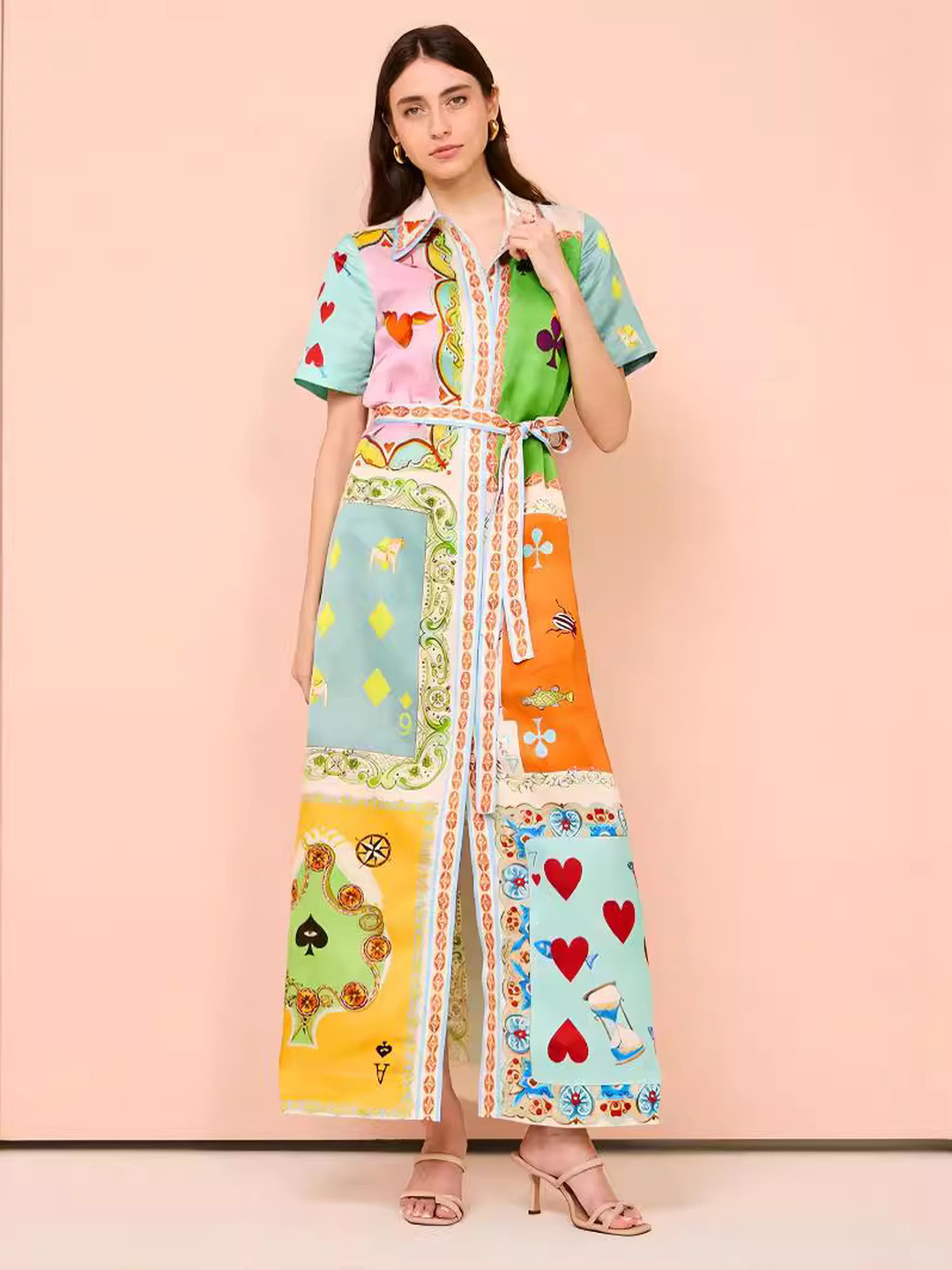 Color Block Shirt Maxi Dress with Tie Waist