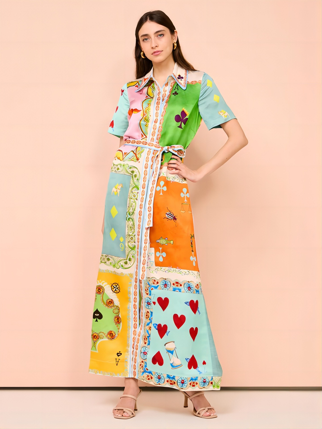 Color Block Shirt Maxi Dress with Tie Waist