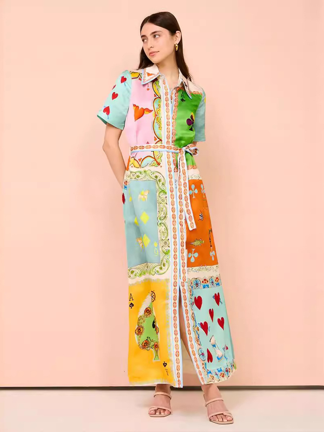 Color Block Shirt Maxi Dress with Tie Waist