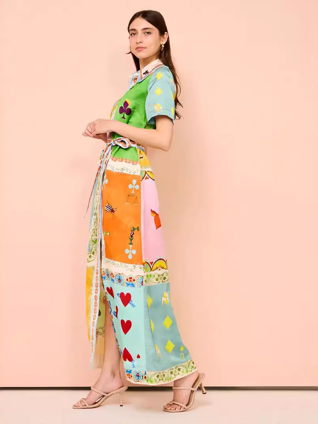 Color Block Shirt Maxi Dress with Tie Waist
