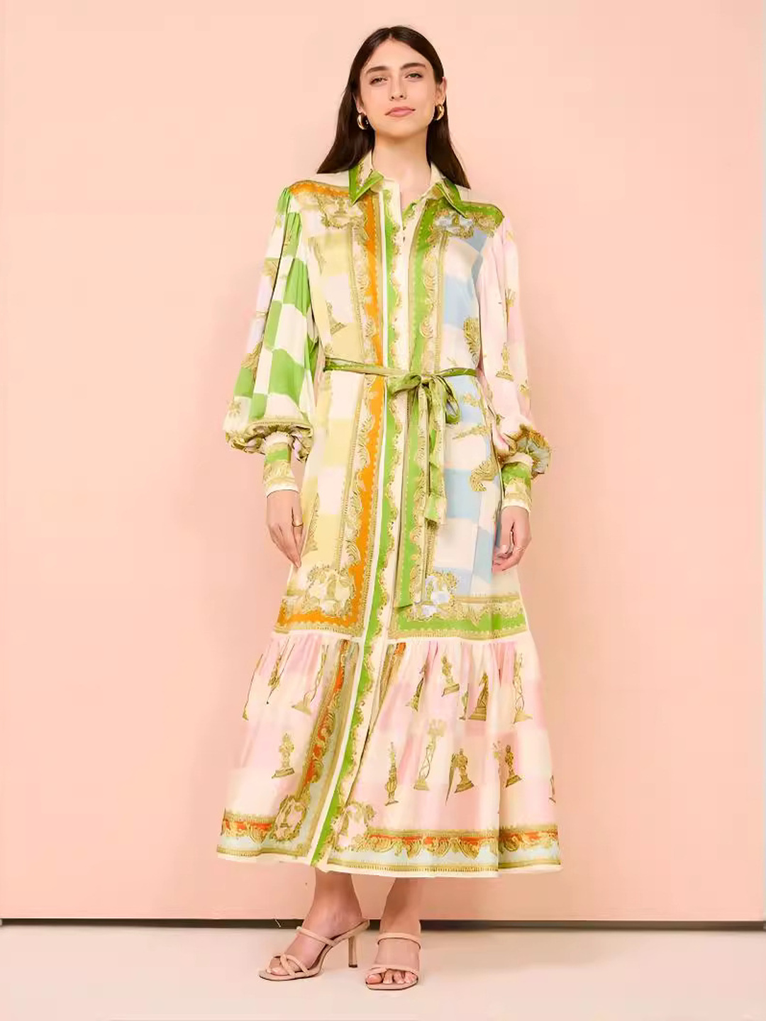Nude Scarf Print Maxi Shirt Dress with Long Sleeves