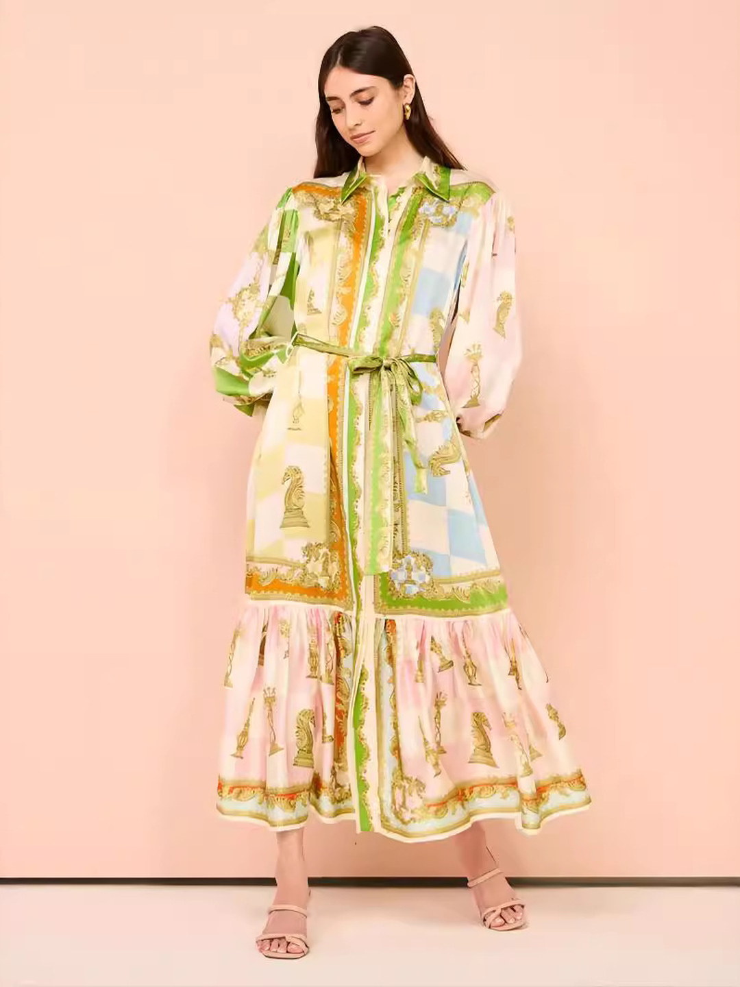 Nude Scarf Print Maxi Shirt Dress with Long Sleeves