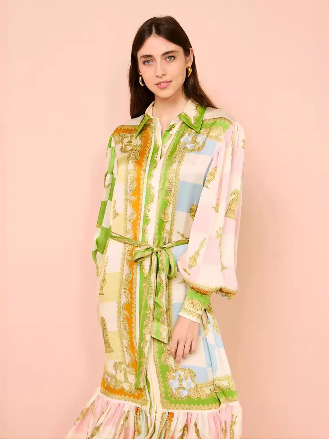 Nude Scarf Print Maxi Shirt Dress with Long Sleeves