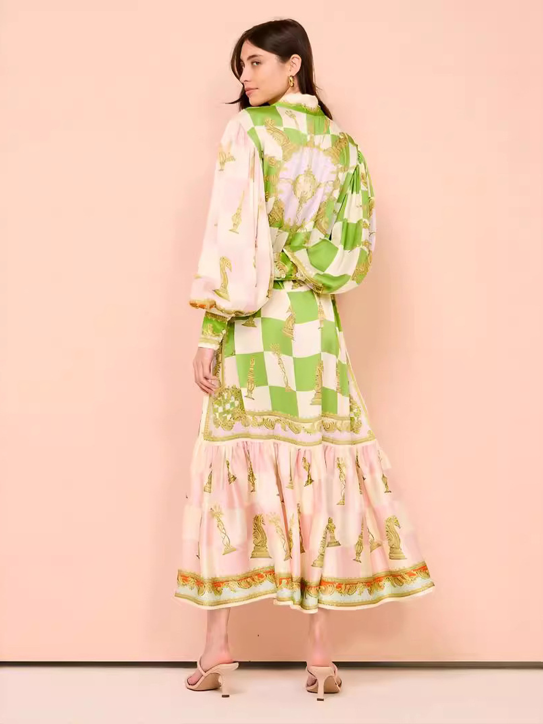 Nude Scarf Print Maxi Shirt Dress with Long Sleeves