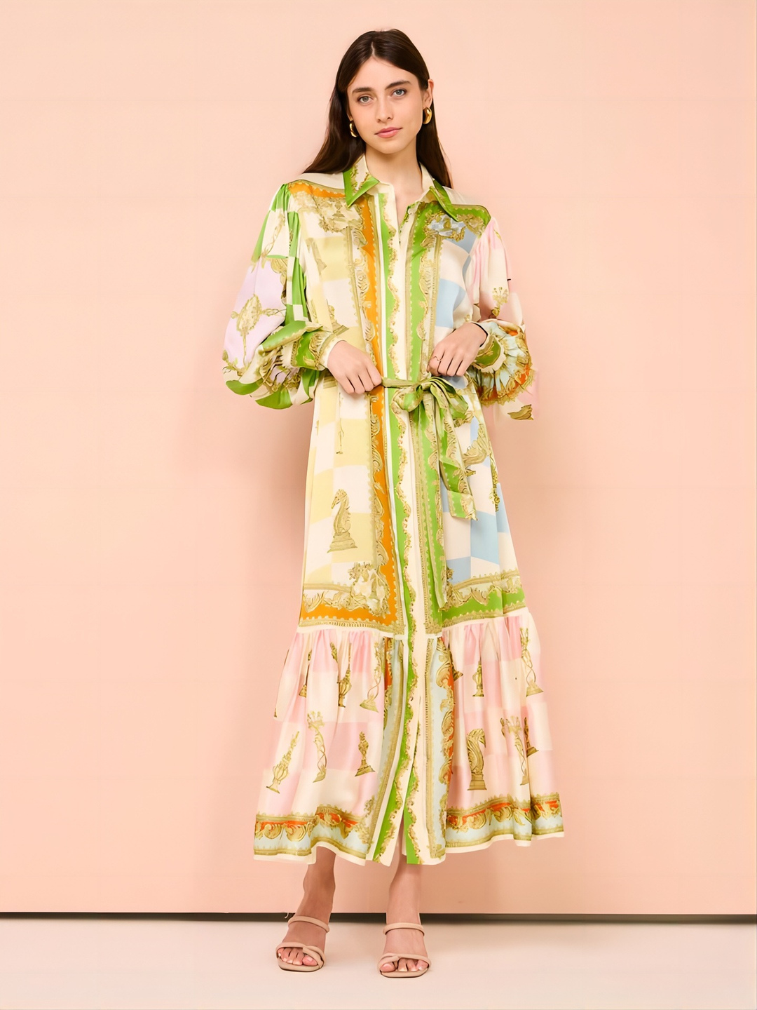Nude Scarf Print Maxi Shirt Dress with Long Sleeves