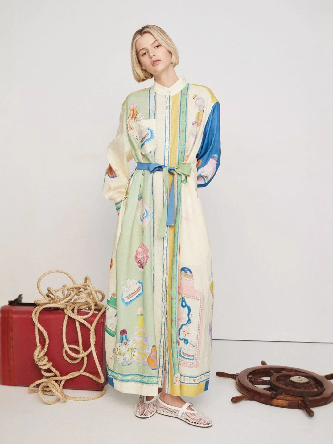 Cream Conversational Print Maxi Shirt Dress with Long Sleeves