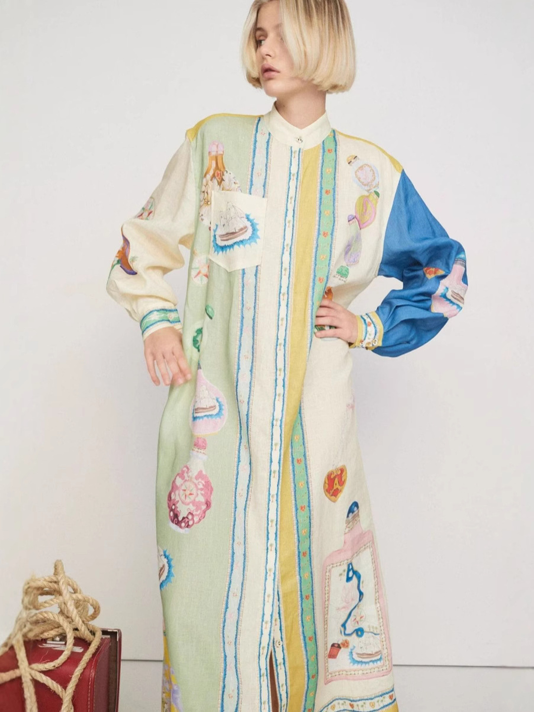 Cream Conversational Print Maxi Shirt Dress with Long Sleeves