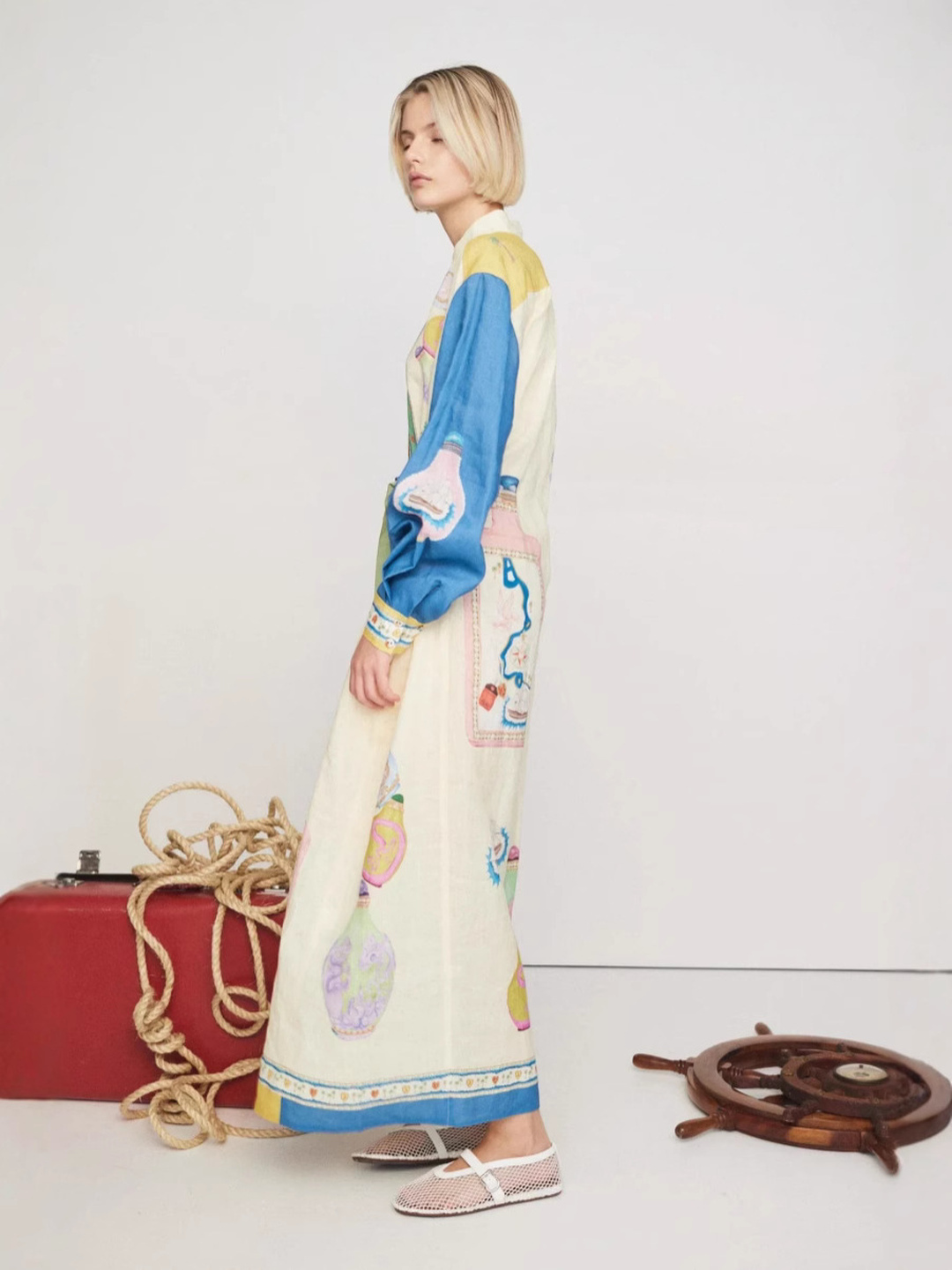 Cream Conversational Print Maxi Shirt Dress with Long Sleeves