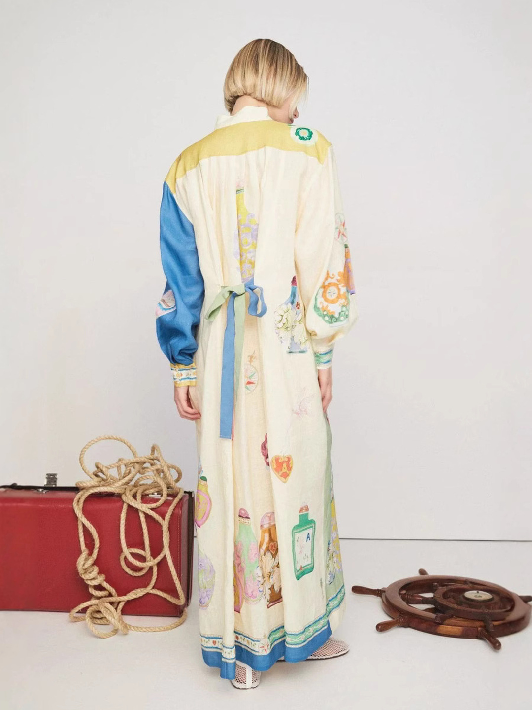 Cream Conversational Print Maxi Shirt Dress with Long Sleeves