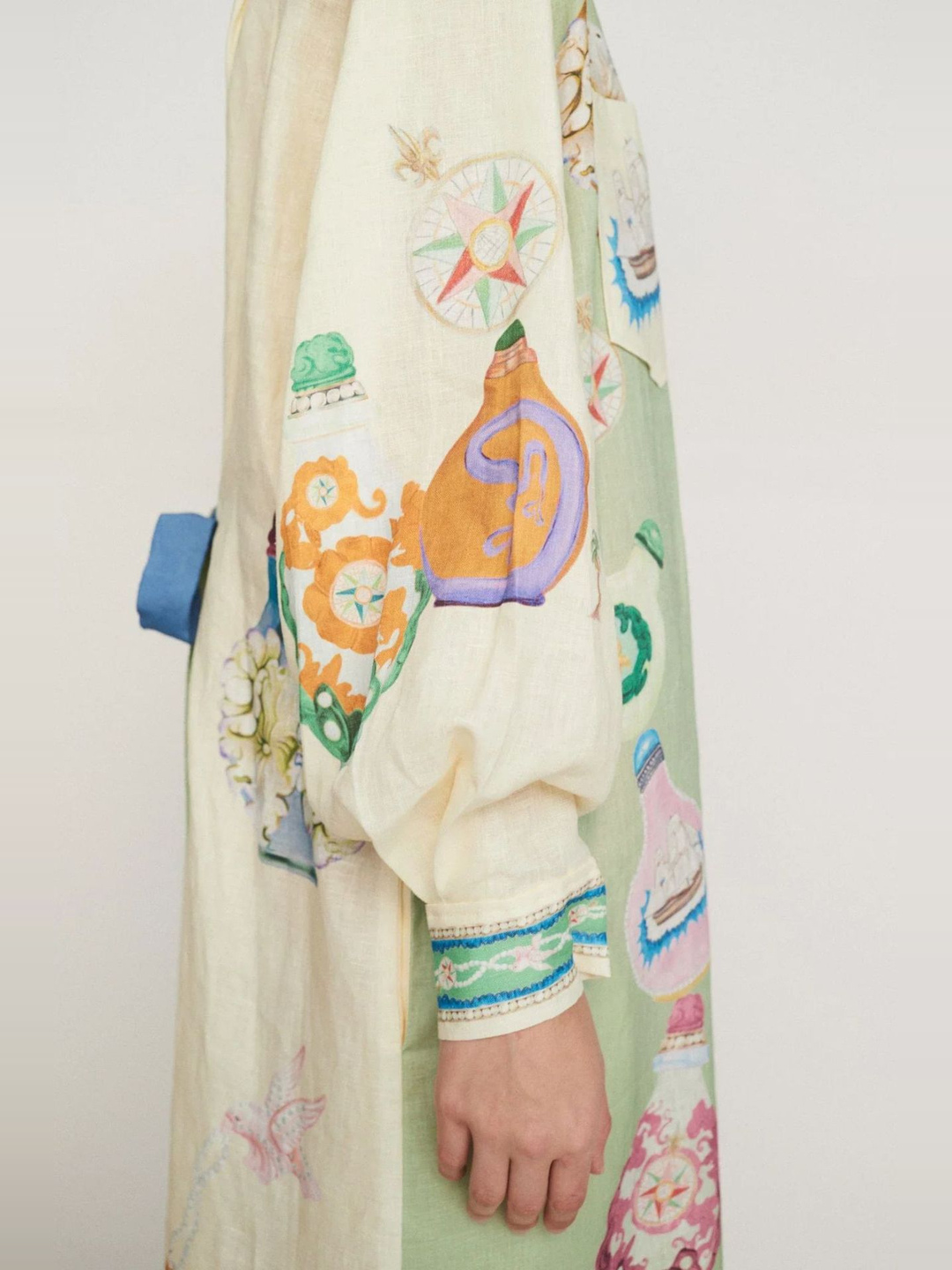 Cream Conversational Print Maxi Shirt Dress with Long Sleeves