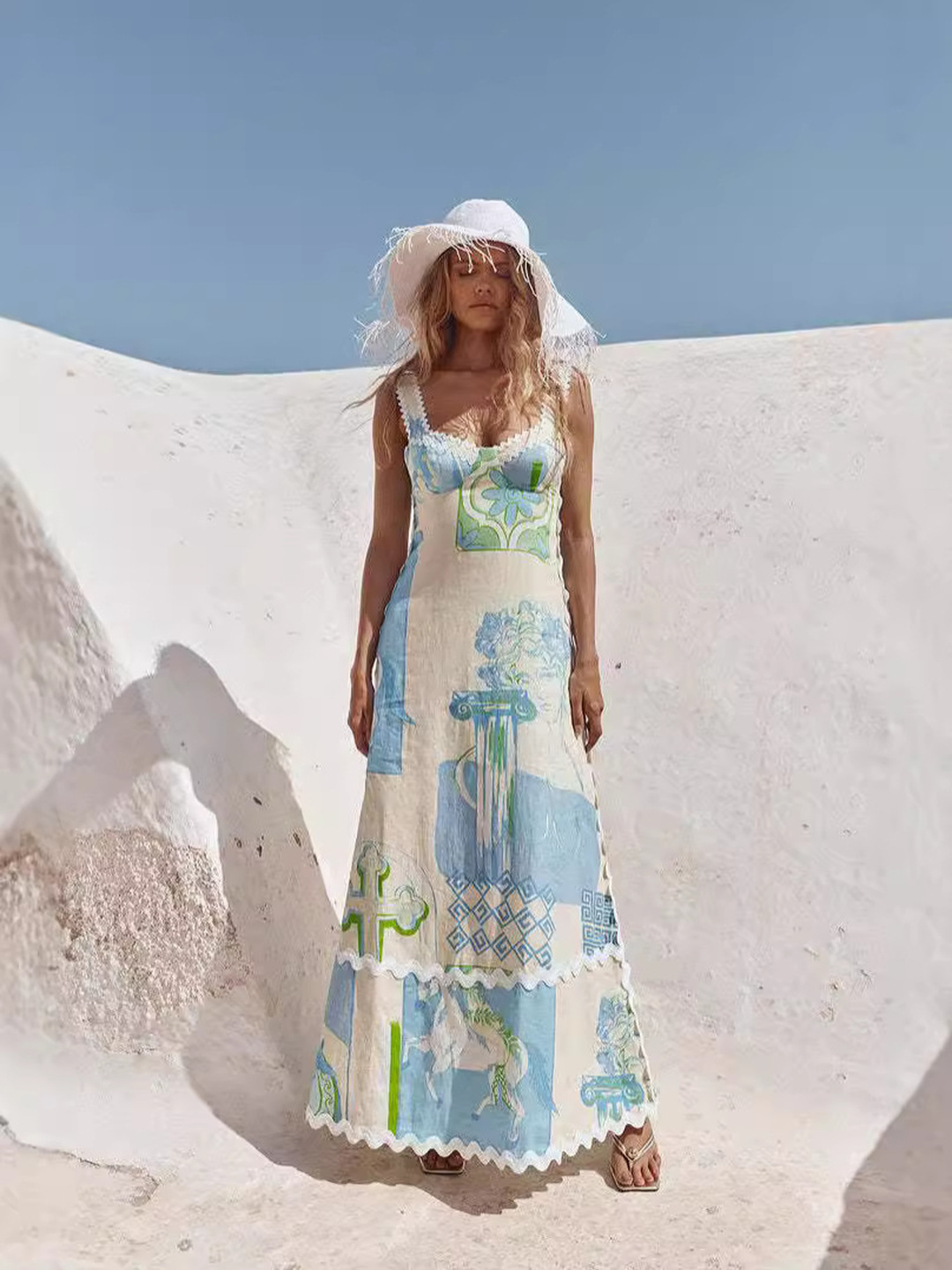 Beige Conversational Print Maxi Dress with Strappy Neckline