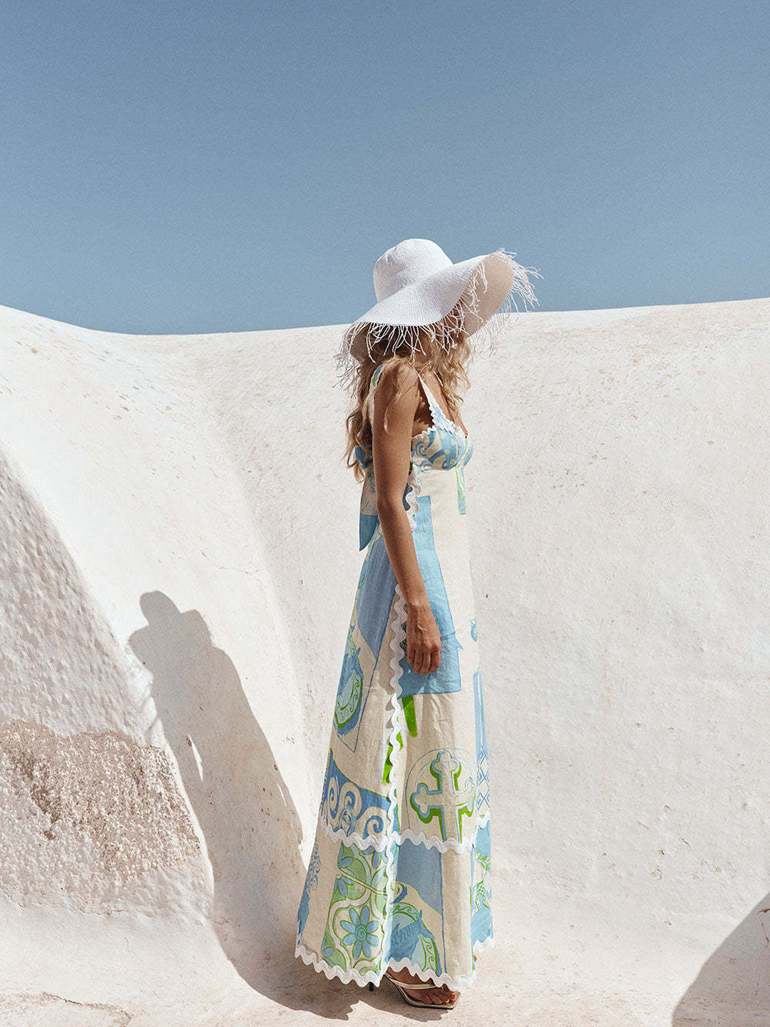 Beige Conversational Print Maxi Dress with Strappy Neckline