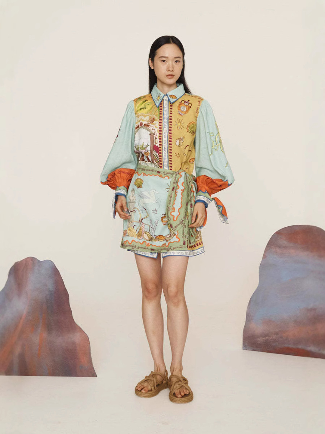 Green Scarf Print Mini Shirt Dress with Waist Tie