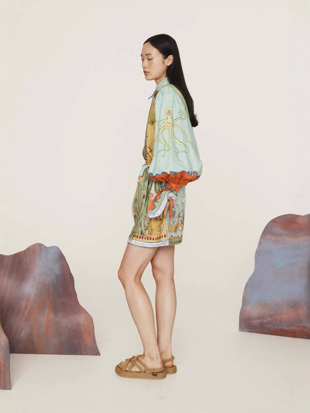 Green Scarf Print Mini Shirt Dress with Waist Tie