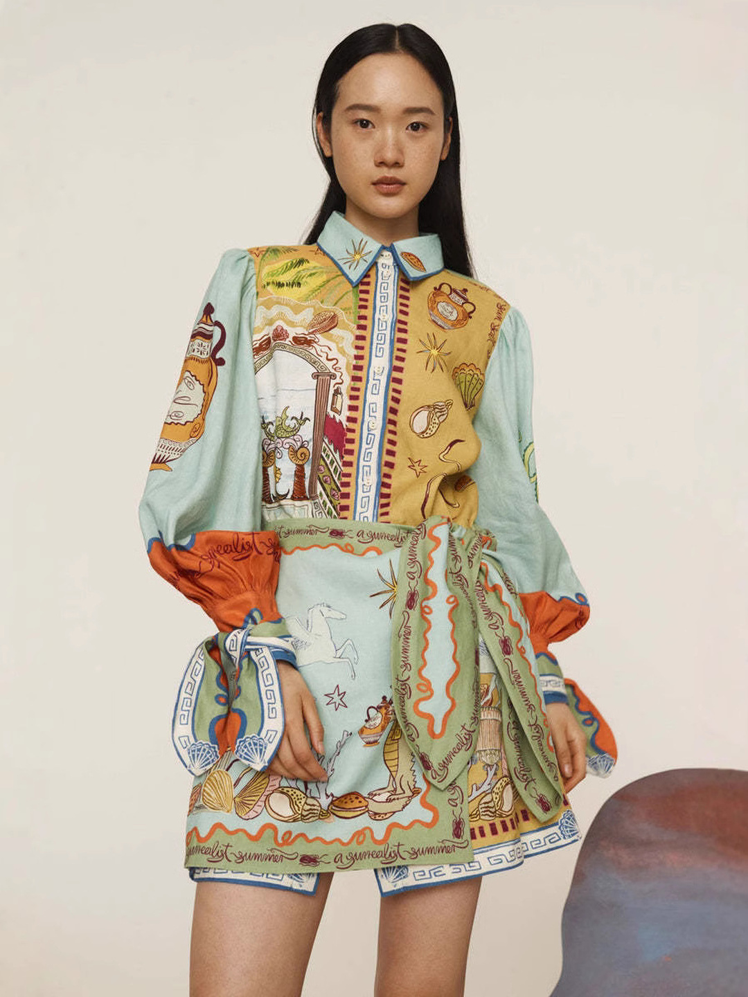 Green Scarf Print Mini Shirt Dress with Waist Tie